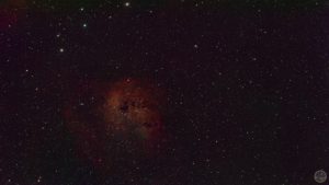 Fotografia astronómica de campo amplo da Nebulosa dos Girinos (IC 410), exibindo uma densa nuvem gasosa de tom rubro e circular concentrada no quadrante inferior esquerdo, revelando estruturas escuras e filamentosas no seu interior, rodeada por um vasto e denso campo pontilhado de estrelas de fundo sobre o éter negro.