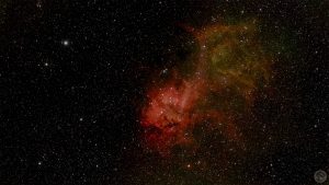 Fotografia astronómica de campo amplo evidenciando a Nebulosa do Leão (SH2-132). Destaca-se uma estrutura central brilhante e densa de tons vermelho rubro e rosa flamejante, que transita suavemente para uma expansa e difusa coroa de gás azul anil no quadrante superior direito. O rico fundo negro do espaço encontra-se texturado por subtis poeiras escuras e intensamente pontilhado por milhares de estrelas nítidas.